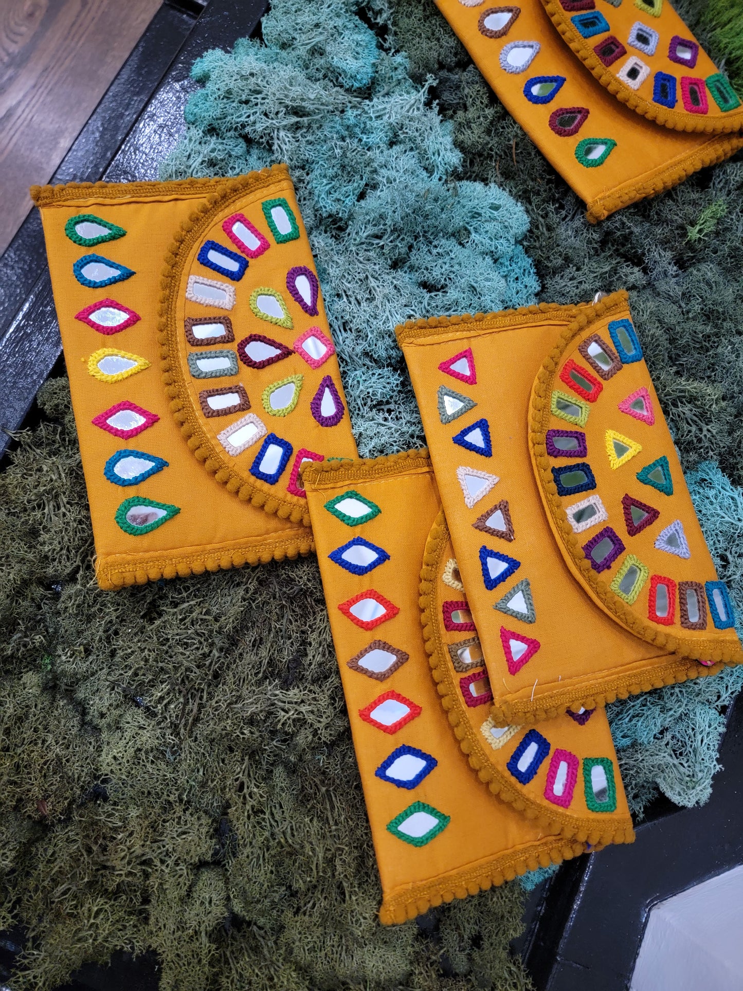Hand embroidered Mirror work Clutches - Yellow