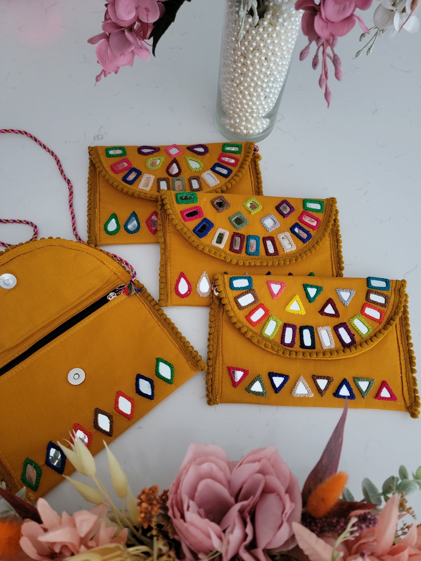 Hand embroidered Mirror work Clutches - Yellow