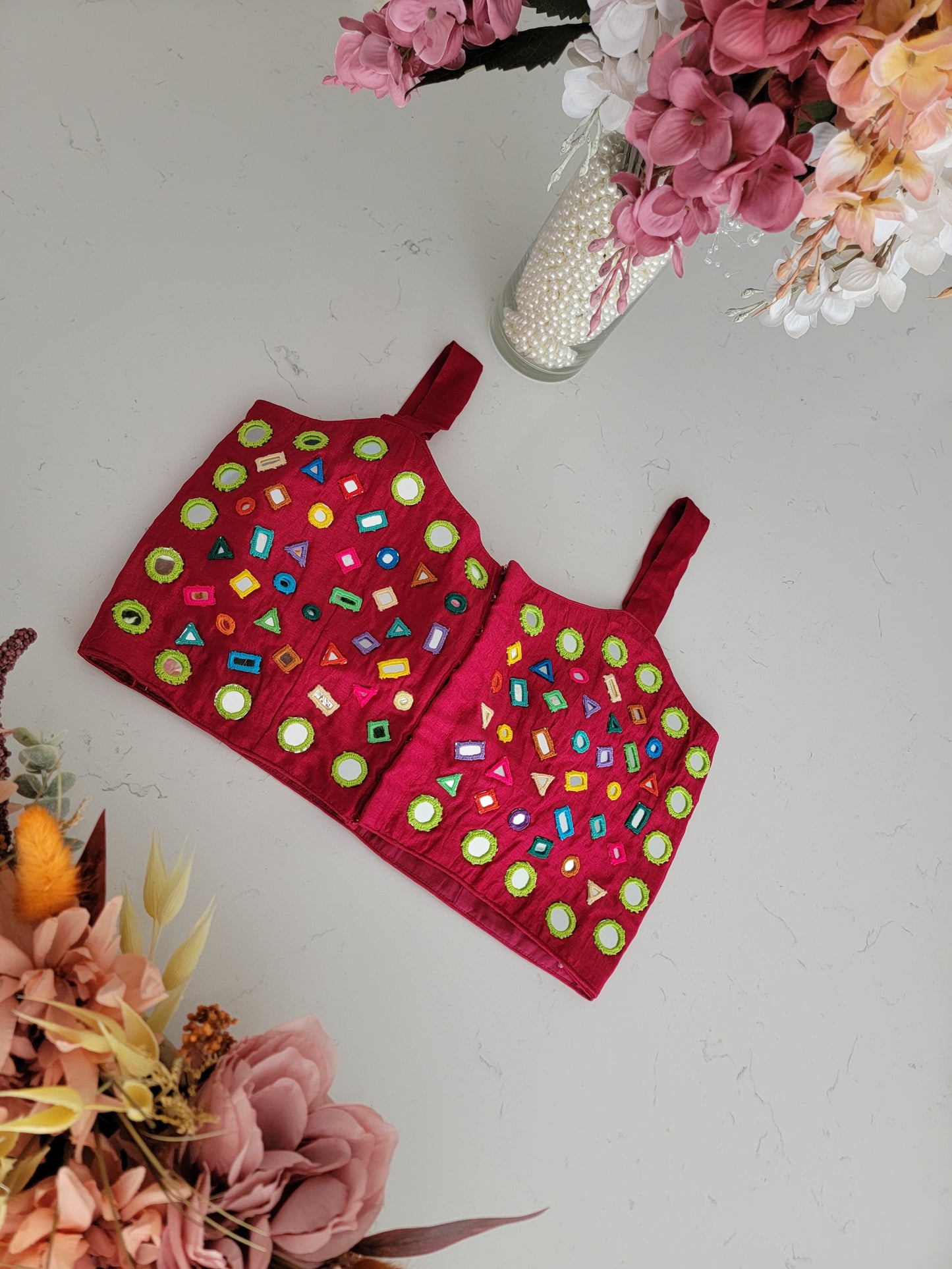Size 36 -Hand embroidered Mirror Work Blouse  - Maroon